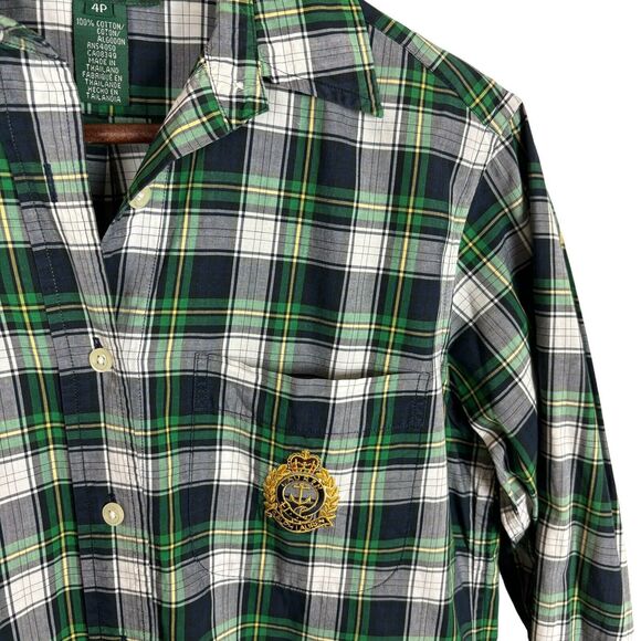 Lauren Ralph Lauren Women's Petite 4 Green Navy Plaid Button Down Emblem Shirt - Picture 3 of 5